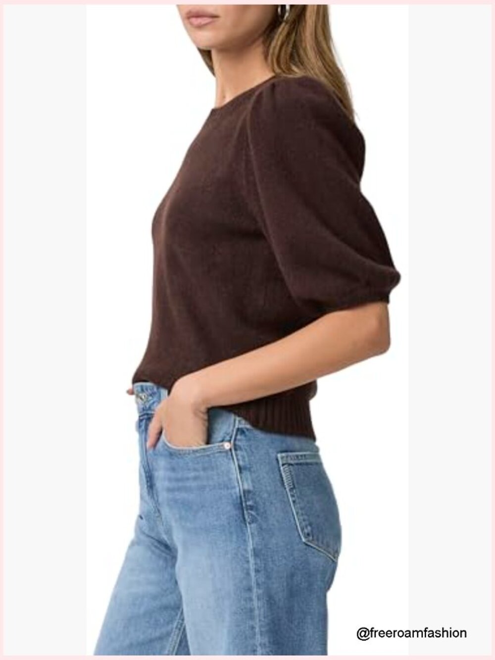 Lightweight Cashmere Pullover Sweater Tee Puff Sleeve Crew Neck - Picture 3 of 4